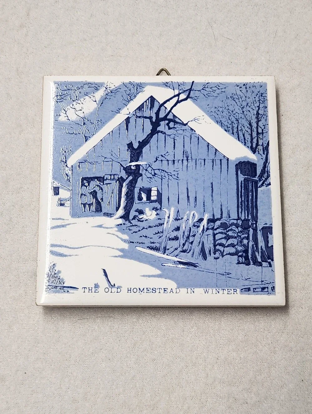Vintage Currier & Ives Blue White Ceramic Wall Tile Plaque Set Cottagecore Folk
